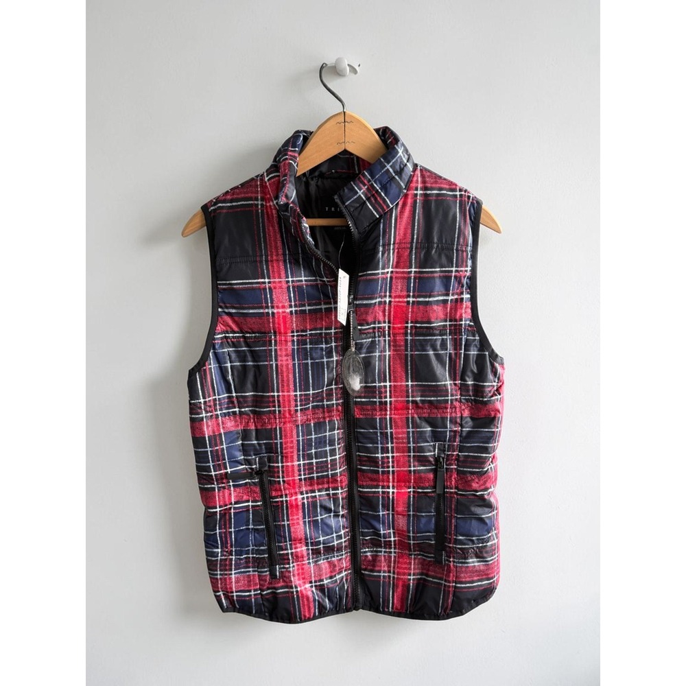 Tribal Womens Red Navy Blue Plaid Puffer Vest Quilted Full Zip Small NWT